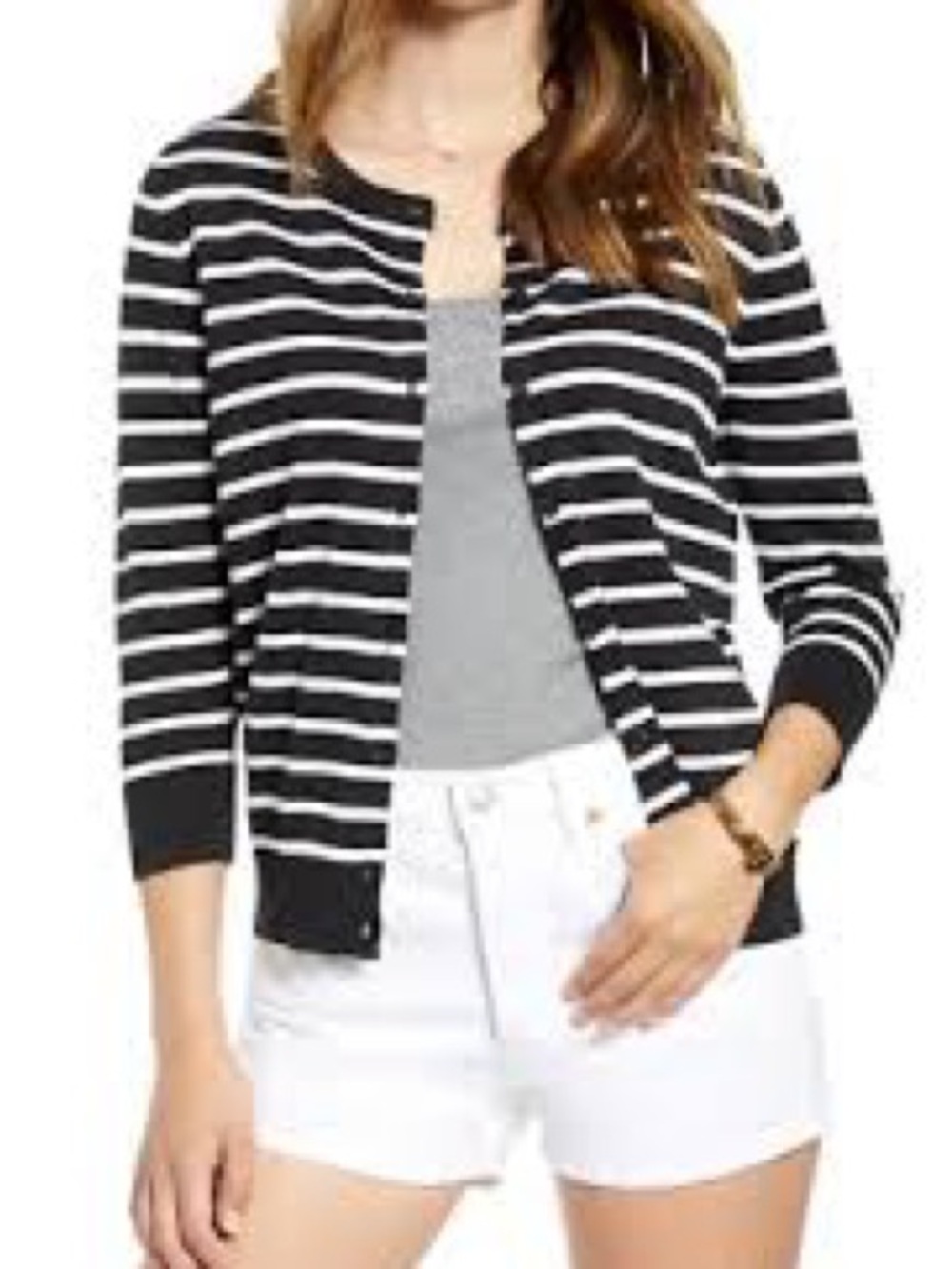 Striped navy and White Button-Front Women's Sweater